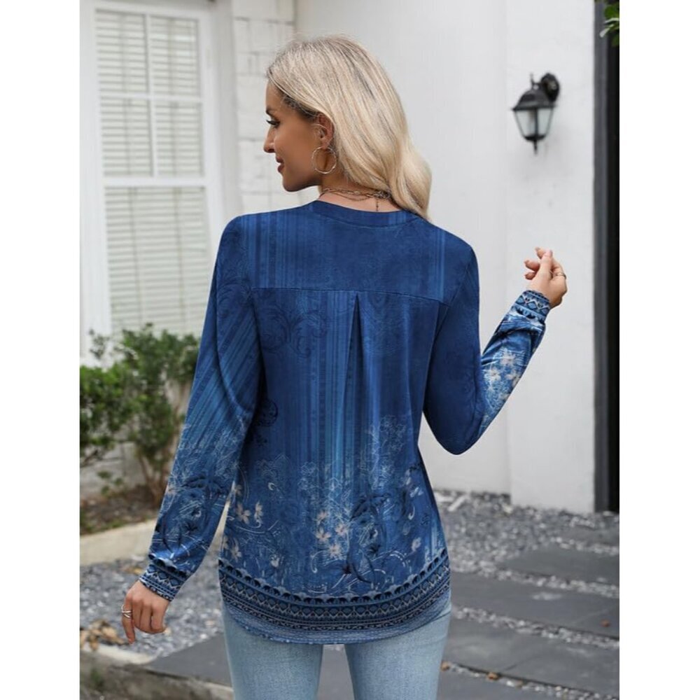 Womens Long Sleeve V Neck Tunic Top Polyester Spandex Dressy Casual Blouses - Picture 2 of 5